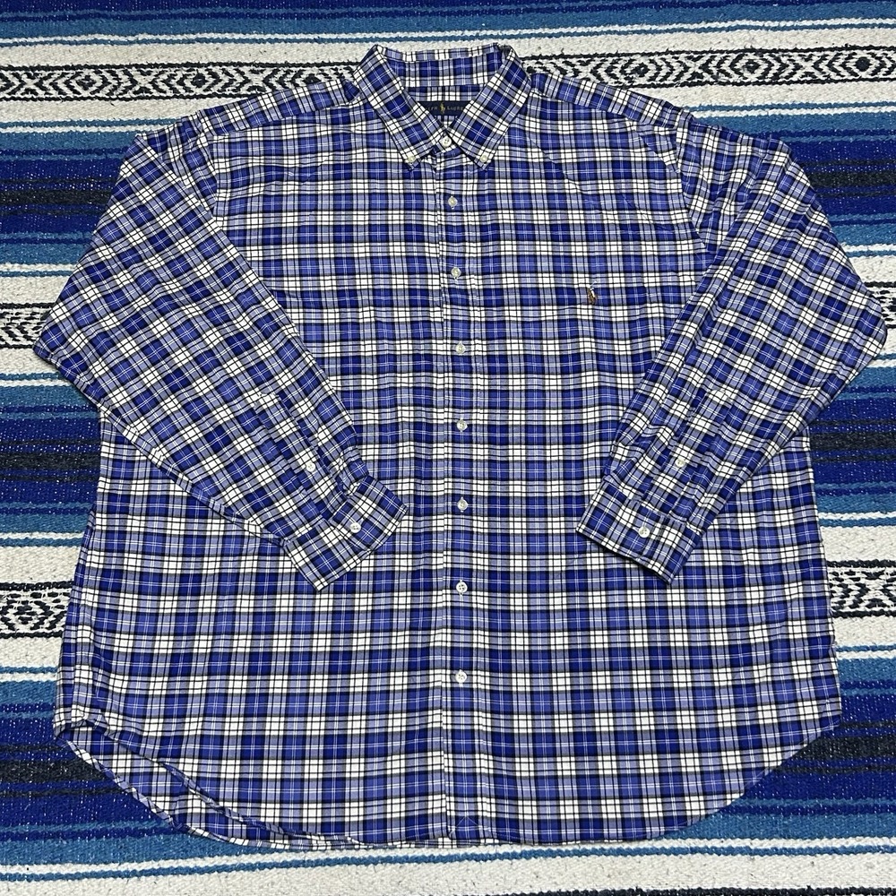 Polo Ralph Lauren Mens 2XB Plaid Button Down Shirt Blue White Long Sleeve Pony